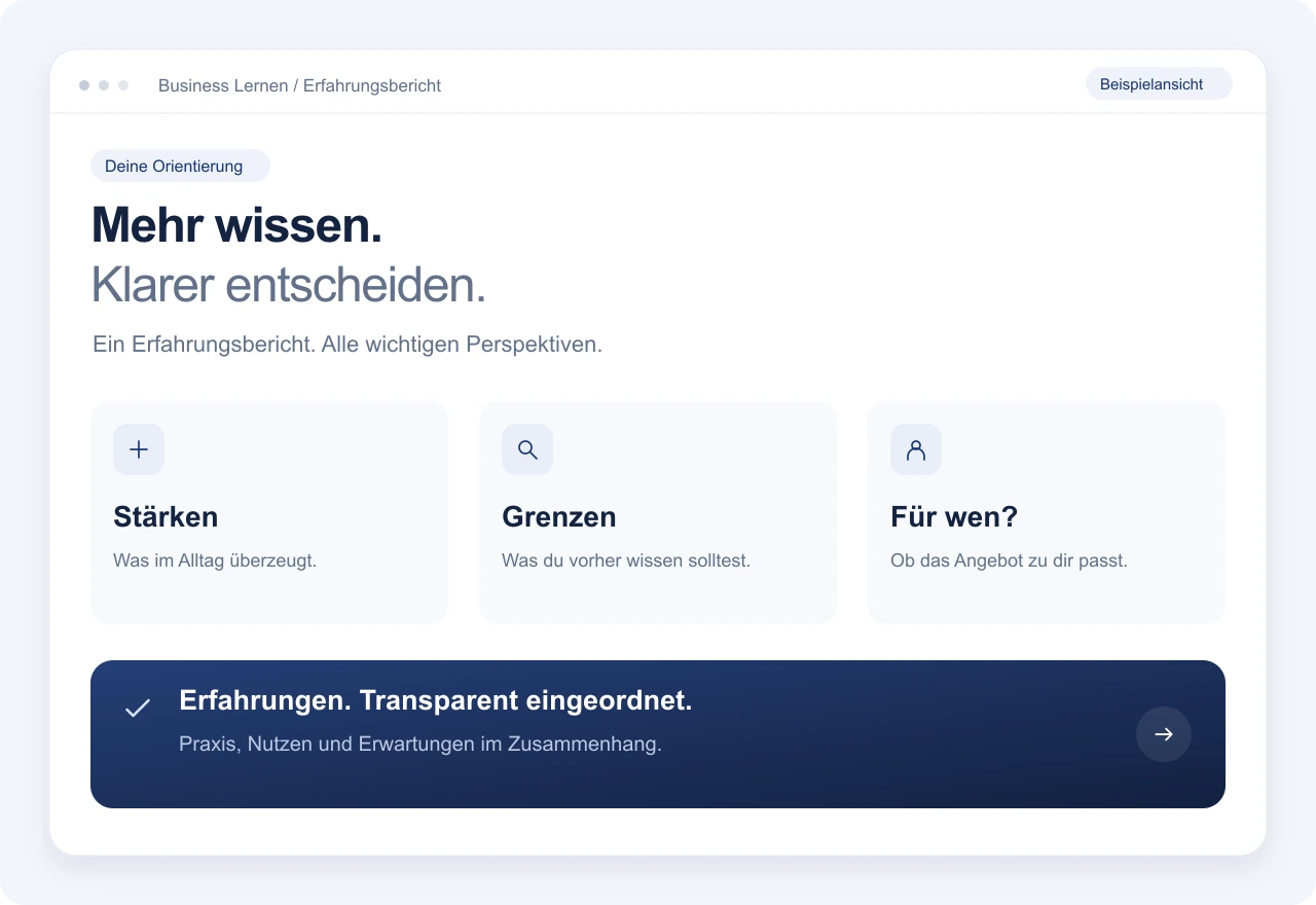 Beispielansicht eines Erfahrungsberichts mit Stärken, Grenzen und einer Einordnung der Zielgruppe