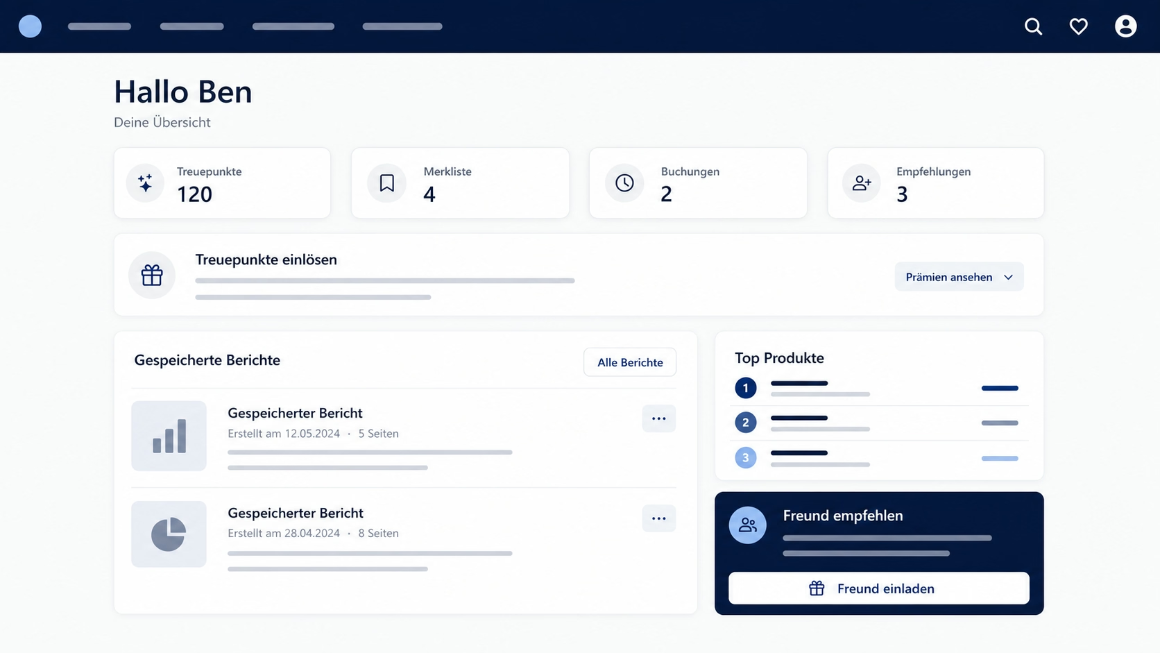 Vorschau des Business-Lernen-Dashboards mit Treuepunkten, Merkliste und gespeicherten Berichten