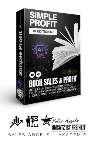 Produktbox „Simple Profit 5.0 KI Edition“ mit aufgeschlagenem Buchmotiv