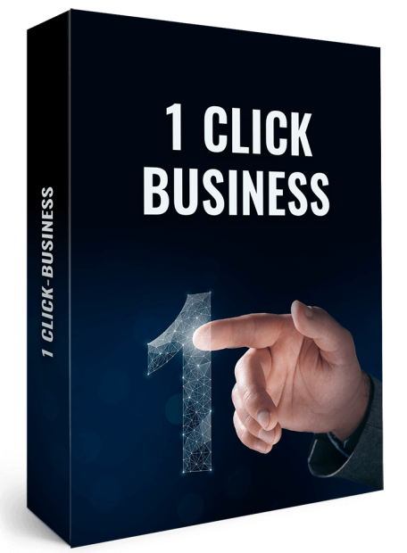 Schwarze Produktbox „1 Click Business“ mit einer auf ein Display deutenden Hand