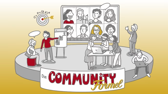 Illustration „Die Community Formel“ mit Menschen in einer Videokonferenz und im Gespräch
