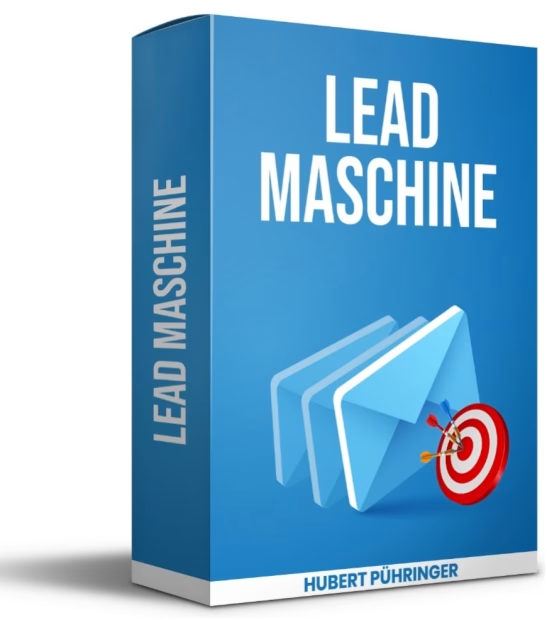 Blaue Produktbox „Lead Maschine“ mit Briefumschlägen und Zielscheibe