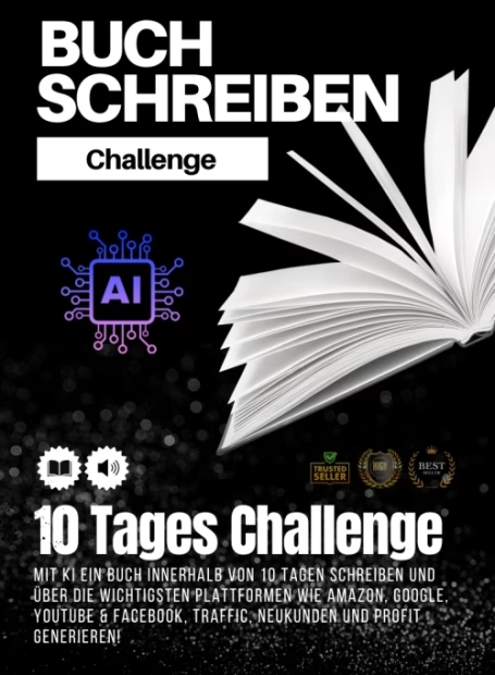 Werbegrafik zur Buchschreiben-Challenge mit aufgeschlagenem Buch und KI-Symbol