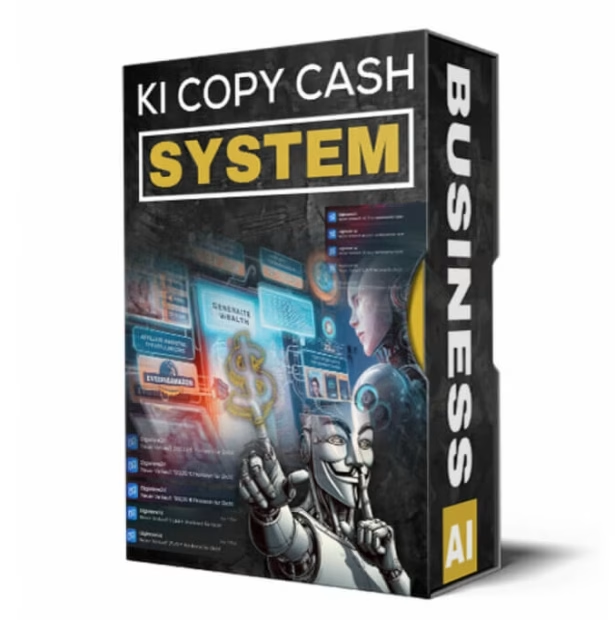 Produktbox „KI Copy Cash System“ mit Roboter vor mehreren Bildschirmen.