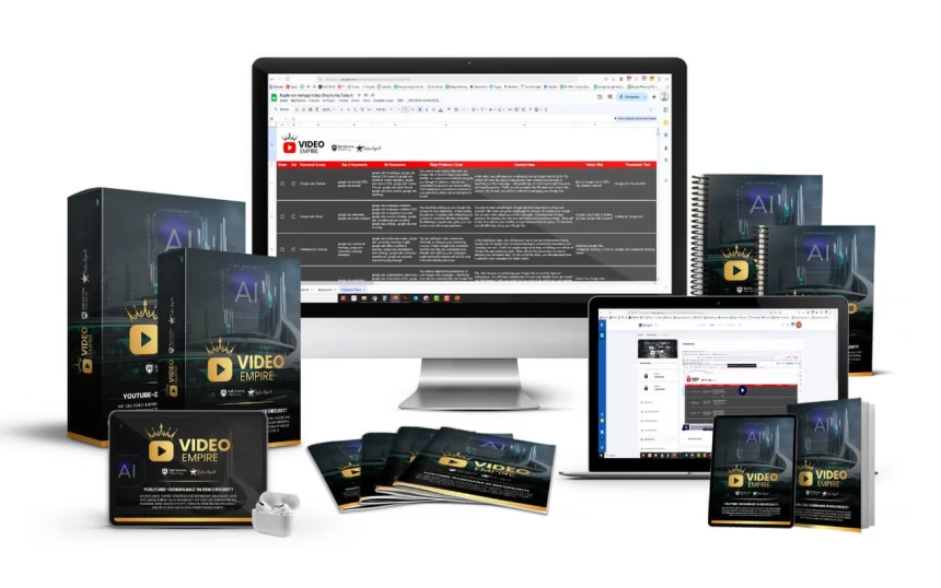 Übersicht digitaler Videokurs-Materialien mit Produktboxen, Monitor und Tablet.