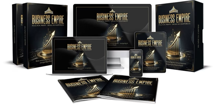 Schwarz-goldene Business-Empire-Produktübersicht mit Boxen, Monitor, Tablet, Smartphone und Kursunterlagen.