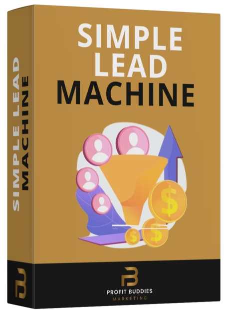 Goldfarbene Produktbox „Simple Lead Machine“ mit Verkaufstrichter und Münzsymbolen.