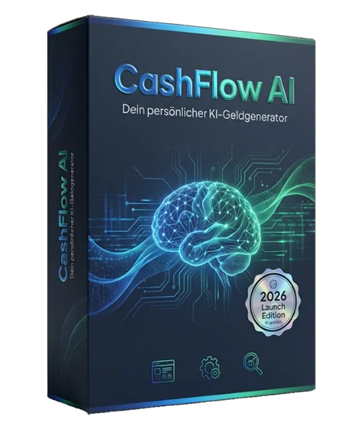 Produktbox von CashFlow AI mit einem leuchtenden Gehirn als KI-Symbol