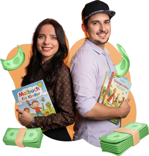 Werbegrafik zum Buch Business mit zwei Personen, Kinderbüchern und Geldsymbolen