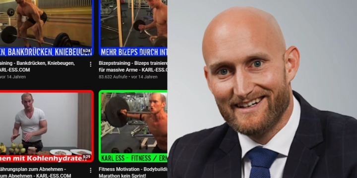 Karl Ess im Anzug neben Vorschaubildern seiner YouTube-Videos zu Fitness und Ernährung